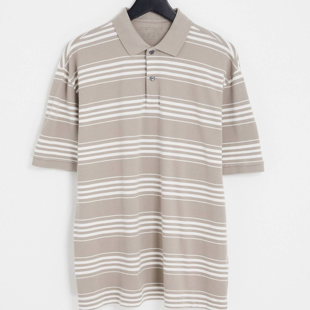 CHAPS cotton polo stripes beige white cream tan casual classic t-shirt s…